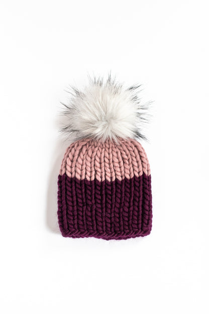 Child and Toddler Size Ribbed Knit Colorblock Peruvian Wool Hat with Faux Fur Pom Pom (More Colors Available)