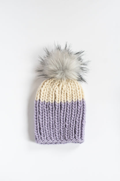 Child and Toddler Size Ribbed Knit Colorblock Peruvian Wool Hat with Faux Fur Pom Pom (More Colors Available)