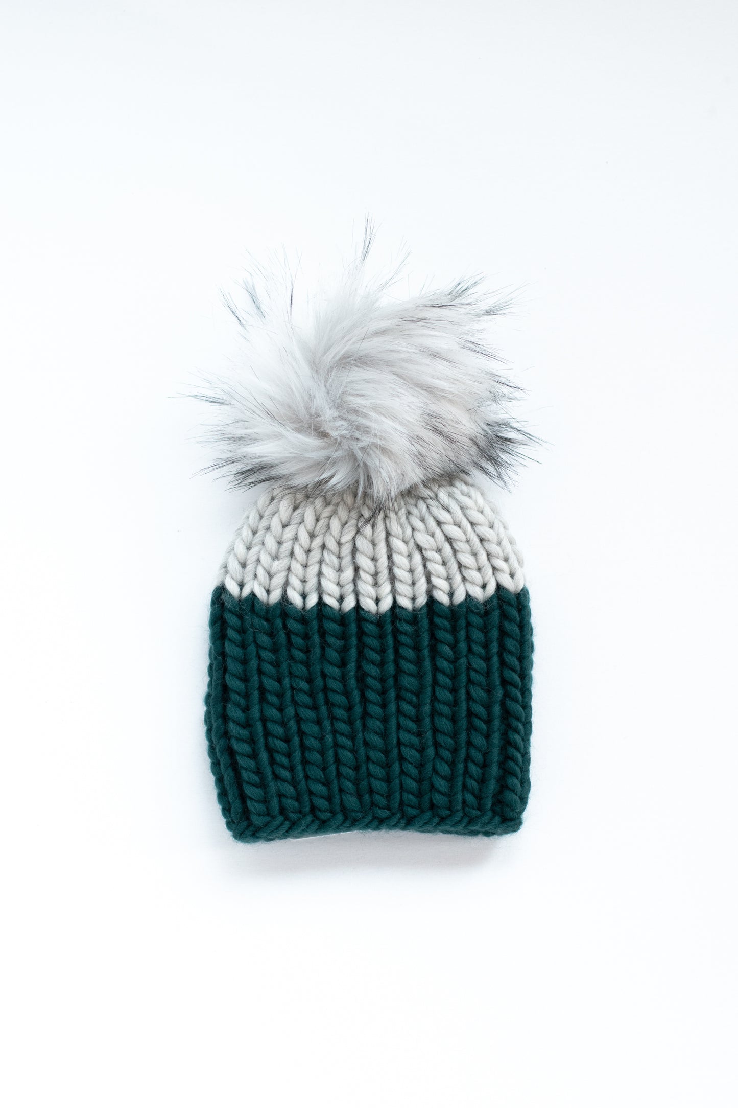 Child and Toddler Size Ribbed Knit Colorblock Peruvian Wool Hat with Faux Fur Pom Pom (More Colors Available)
