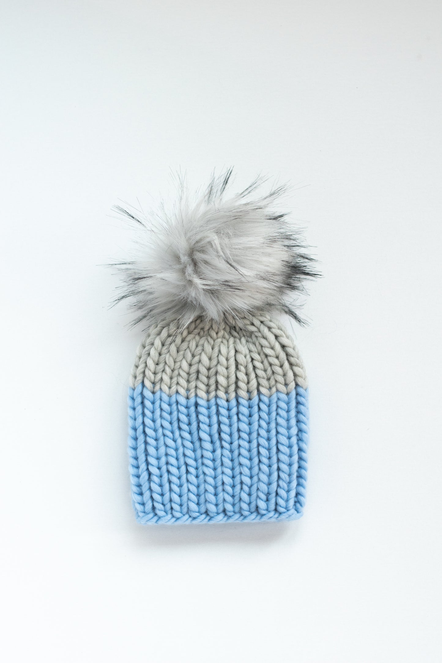 Child and Toddler Size Ribbed Knit Colorblock Peruvian Wool Hat with Faux Fur Pom Pom (More Colors Available)