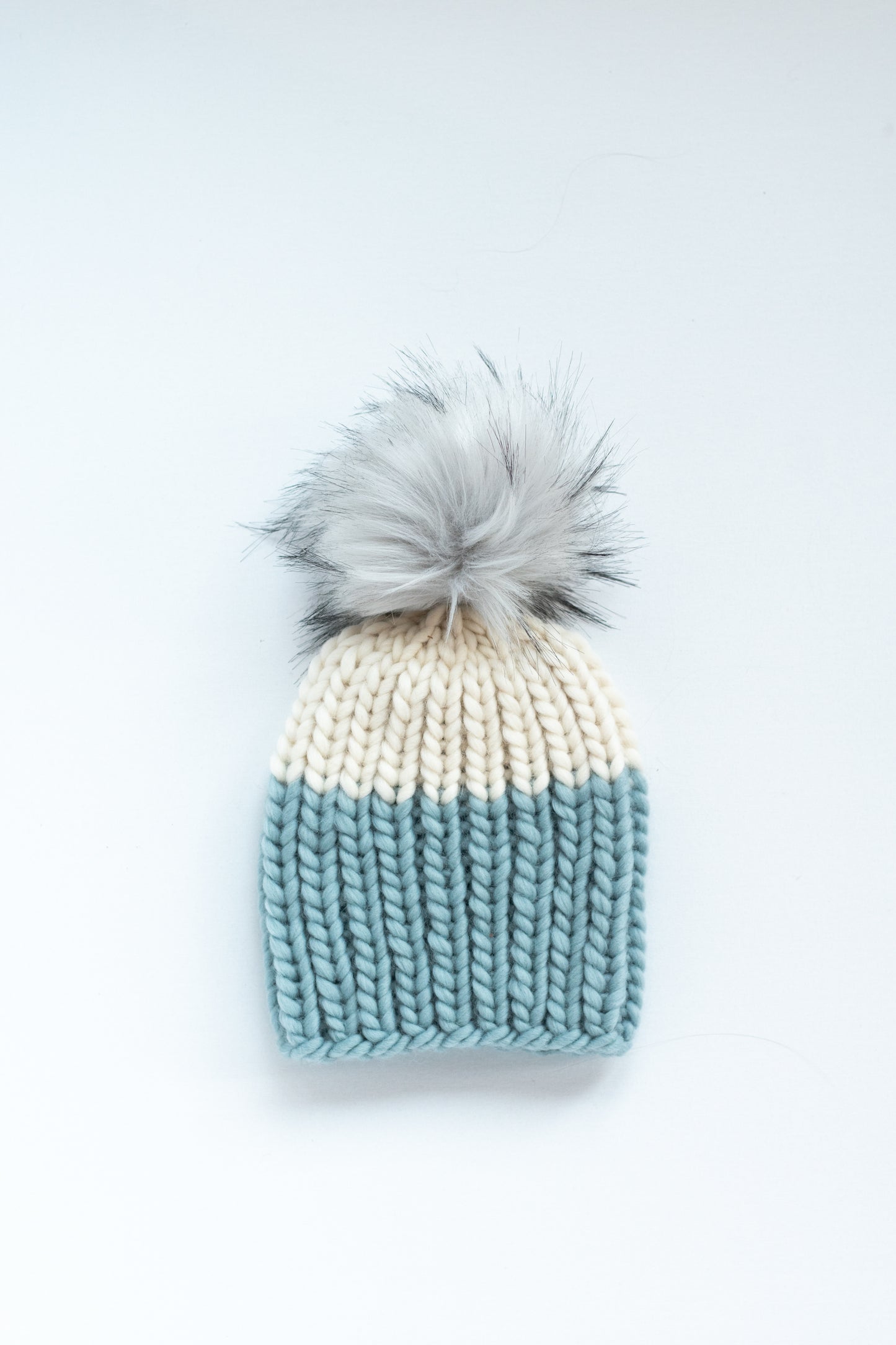 Child and Toddler Size Ribbed Knit Colorblock Peruvian Wool Hat with Faux Fur Pom Pom (More Colors Available)