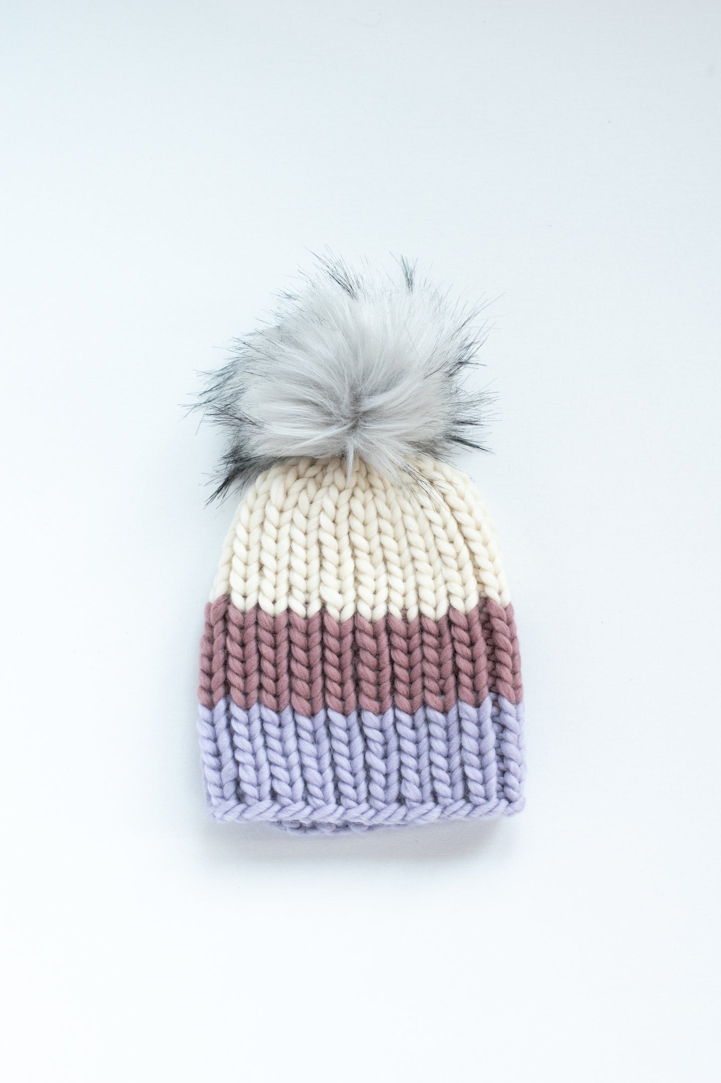 Child and Toddler Size Ribbed Knit Colorblock Peruvian Wool Hat with Faux Fur Pom Pom (More Colors Available)