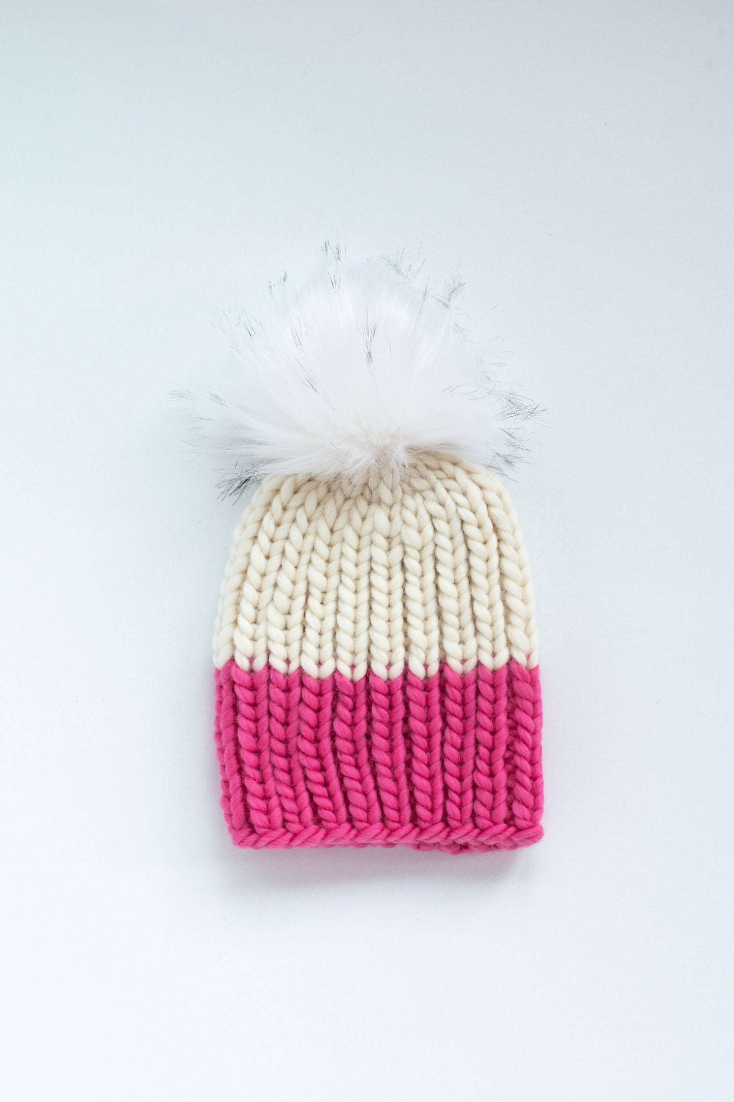 Child and Toddler Size Ribbed Knit Colorblock Peruvian Wool Hat with Faux Fur Pom Pom (More Colors Available)