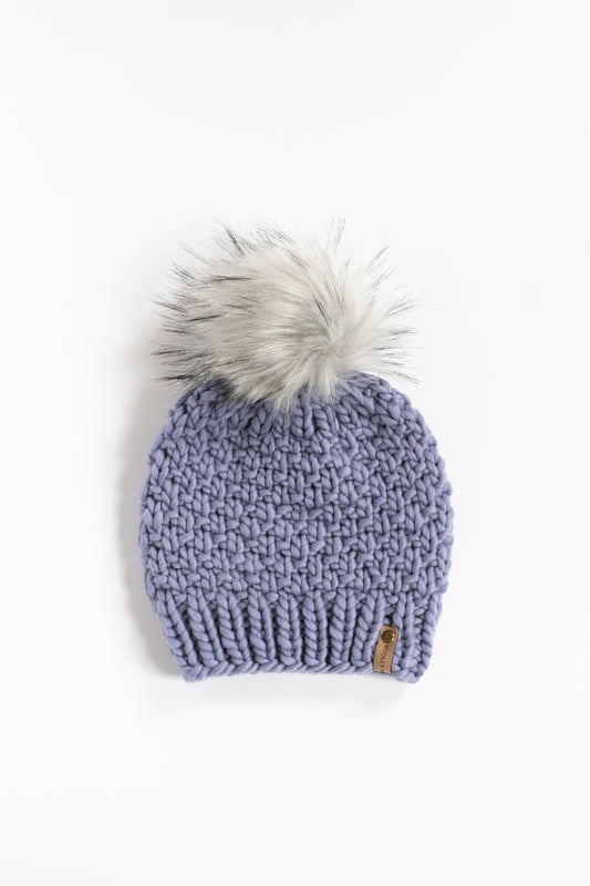 Purple Merino Wool Knit Hat with Faux Fur Pom Pom