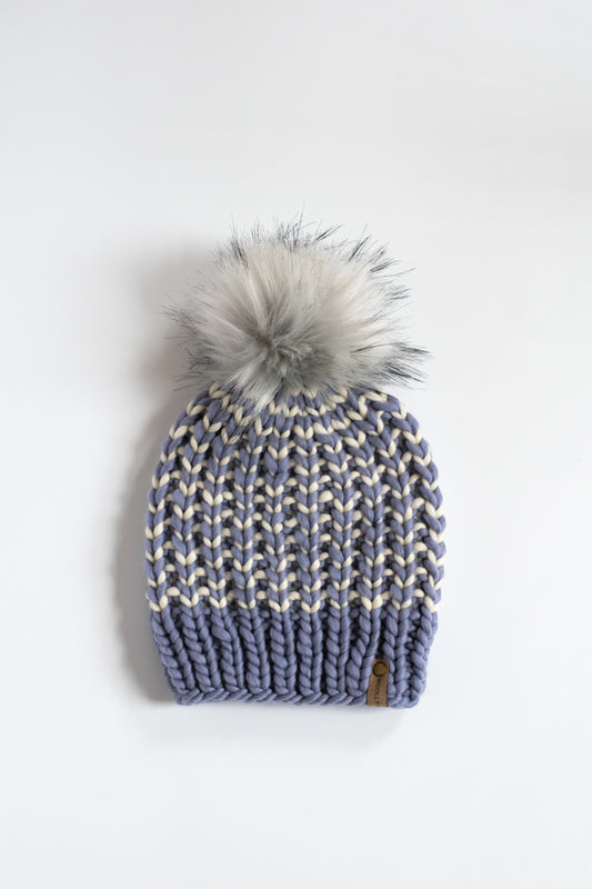 Lavender and Ivory Striped Merino Wool Knit Hat with Faux Fur Pom Pom