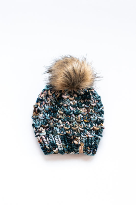 Forest Green Speckle Merino Wool Knit Hat with Faux Fur Pom Pom - Hand-Dyed Yarn