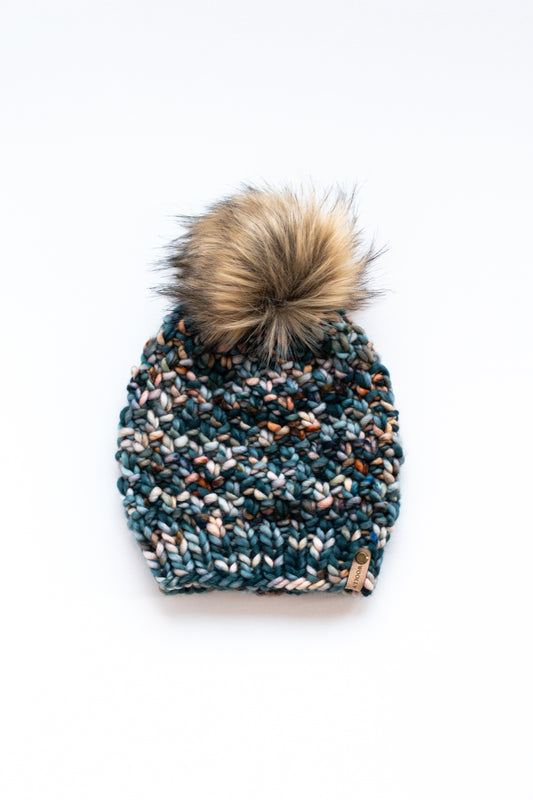 Forest Green Speckle Merino Wool Knit Hat with Faux Fur Pom Pom - Hand-Dyed Yarn