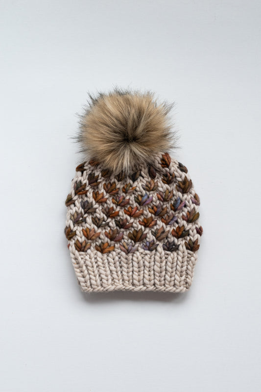 Beige and Brown Flower Merino Wool Knit Hat with Faux Fur Pom Pom