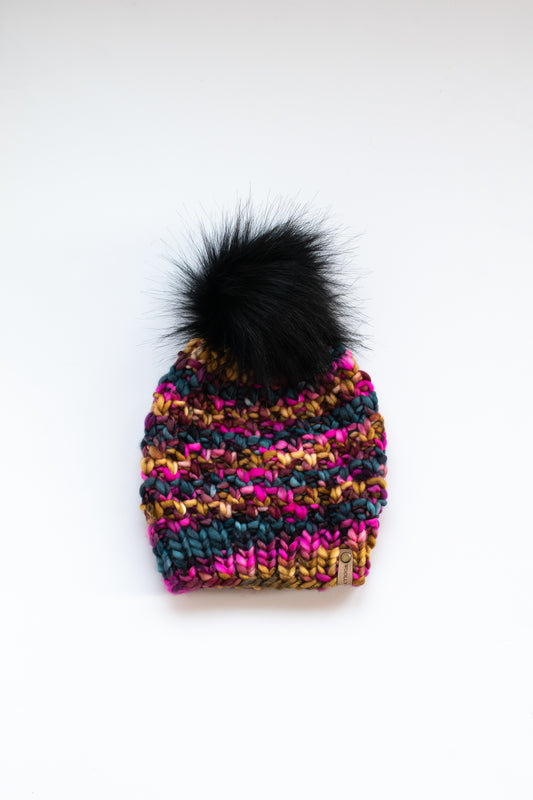 Teal and Pink Merino Wool Knit Hat with Faux Fur Pom Pom - Hand-Dyed Yarn