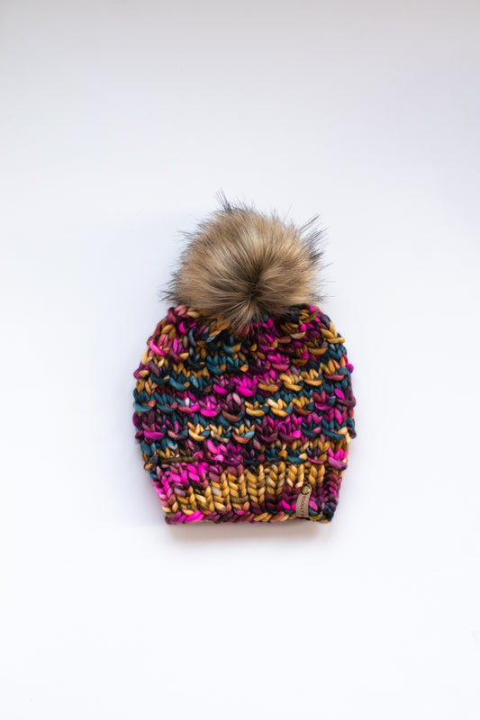 Teal and Pink Merino Wool Knit Hat with Faux Fur Pom Pom - Hand-Dyed Yarn