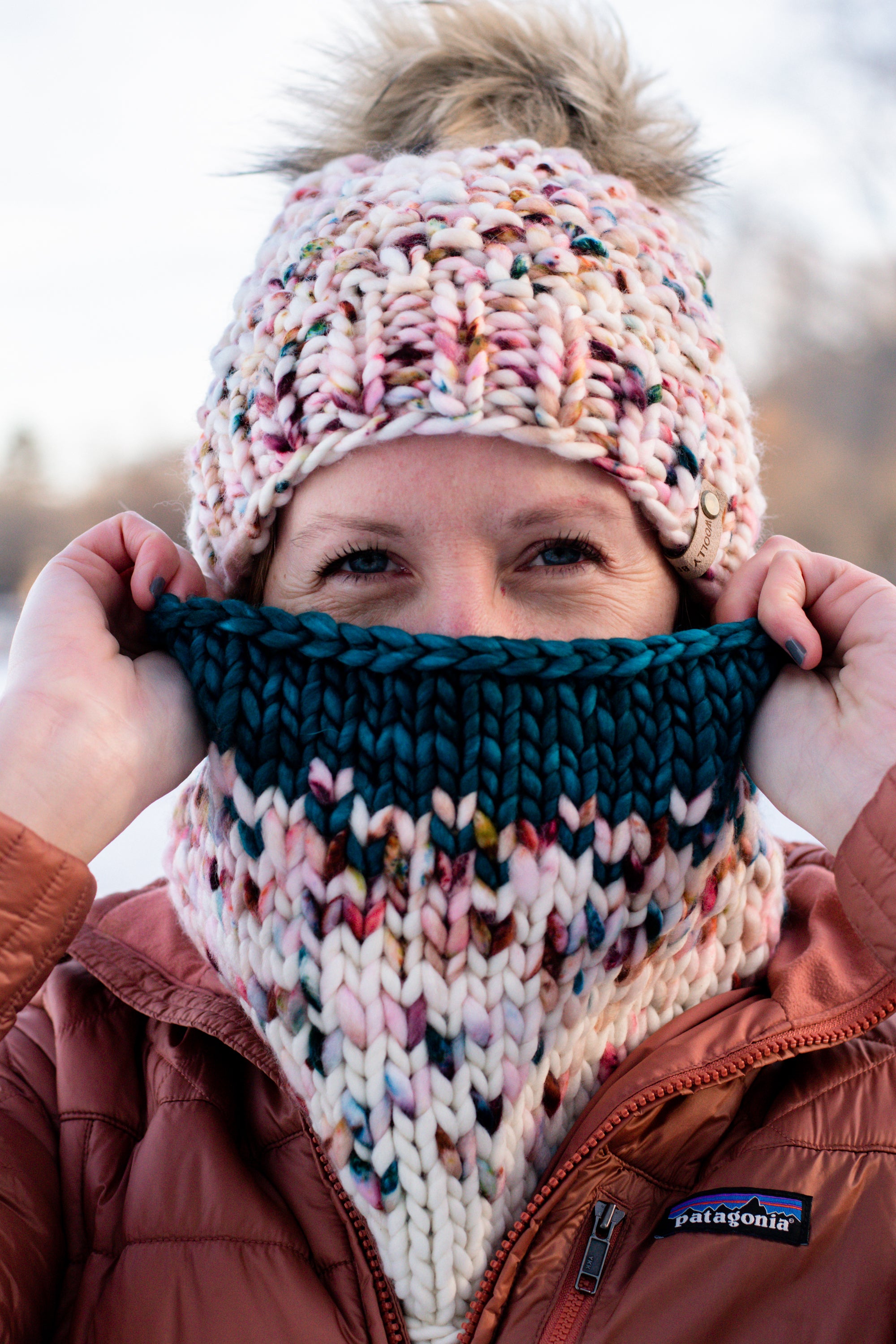 Cream and Pink Merino Wool Knit Hat with Faux Fur Pom Pom - Hand