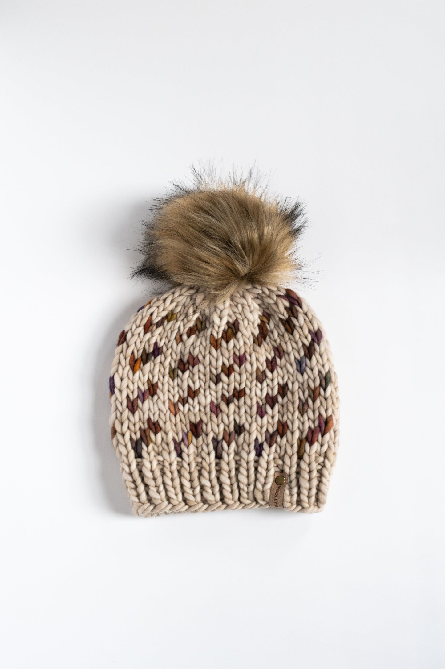 Beige and Brown Fair Isle Merino Wool Hand Knit Hat with Faux Fur Pom Pom