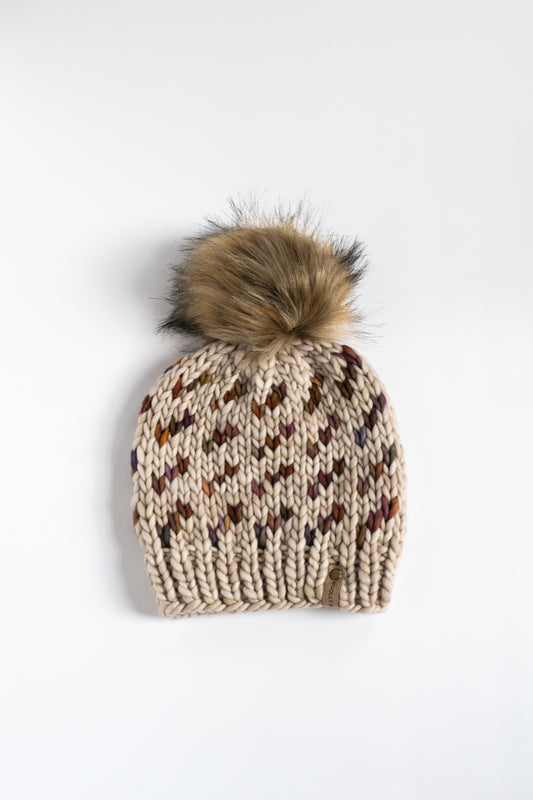 Beige and Brown Fair Isle Merino Wool Hand Knit Hat with Faux Fur Pom Pom