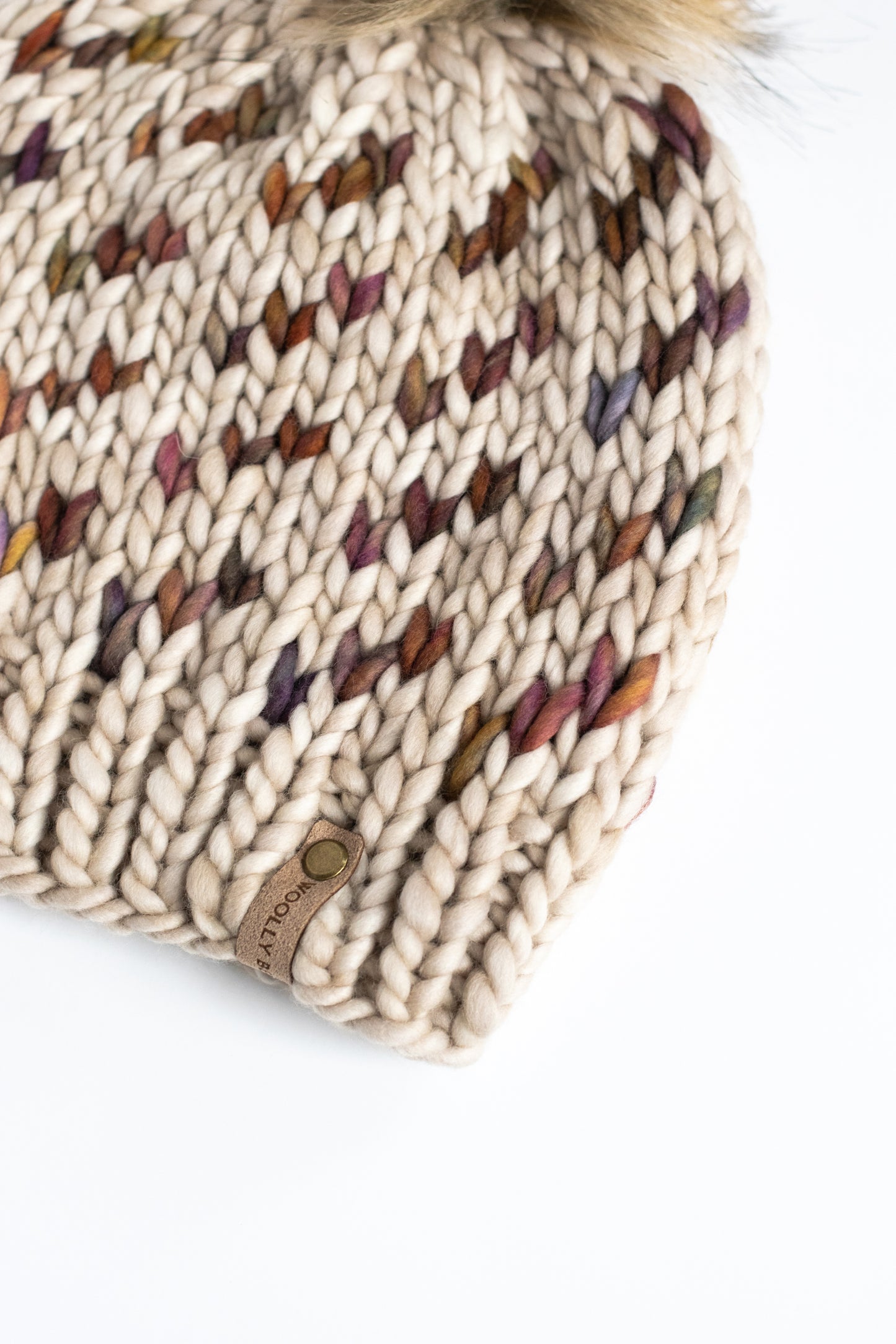 Beige and Brown Fair Isle Merino Wool Hand Knit Hat with Faux Fur Pom Pom