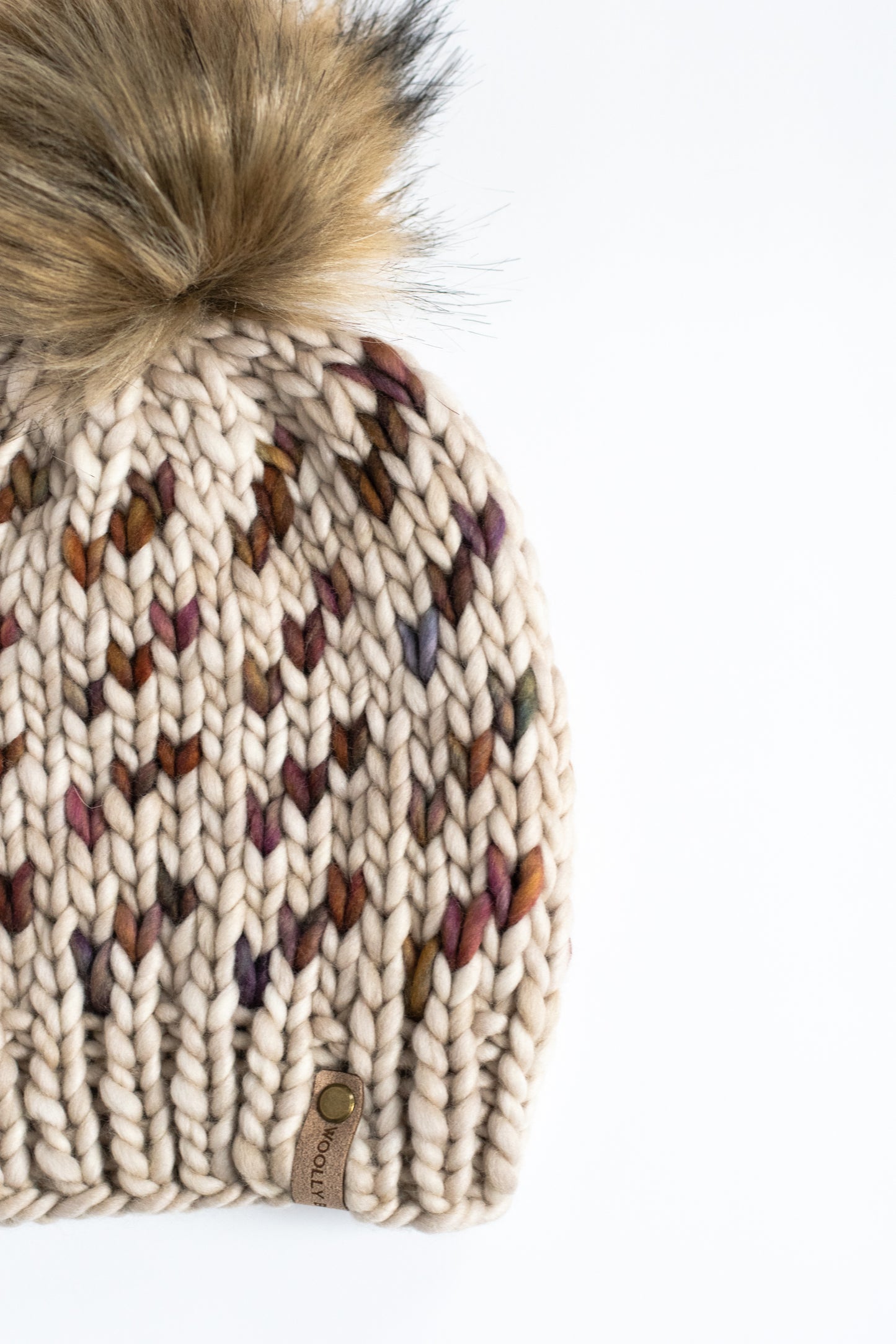 Beige and Brown Fair Isle Merino Wool Hand Knit Hat with Faux Fur Pom Pom