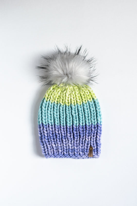 Lavender, Aqua, and Green Ribbed Merino Colorblock Wool Knit Hat with Faux Fur Pom Pom