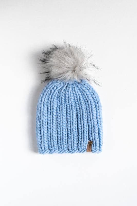 Sky Blue Peruvian Wool Ribbed Knit Hat with Pom Pom