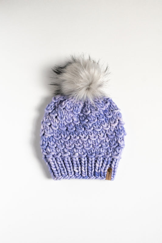 Bright Lavender Merino Wool Knit Hat with Faux Fur Pom Pom - Hand Dyed Yarn