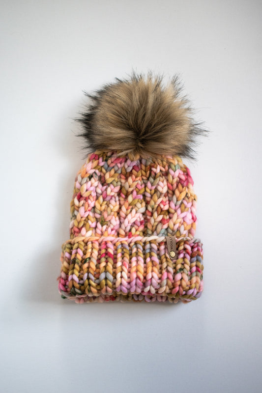 Pink Multi Color Merino Wool Knit Hat with Faux Fur Pom Pom - Hand Dyed Yarn