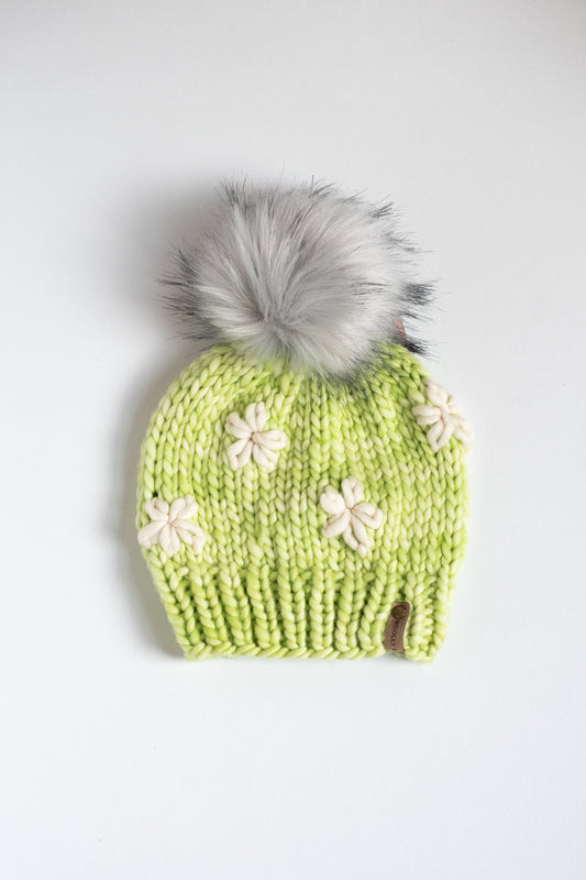 Green and Ivory Floral Embroidered Merino Wool Hat with Faux Fur Pom Pom