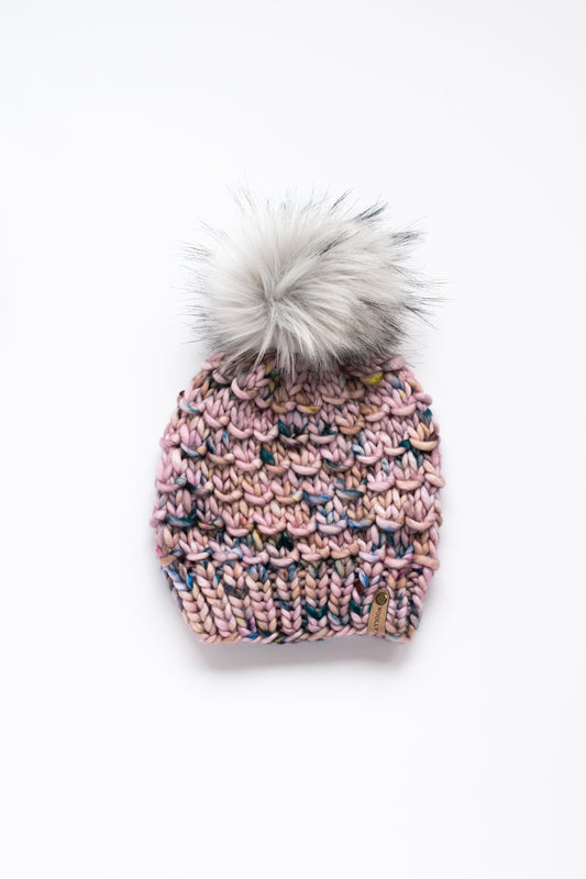 Pink Merino Wool Knit Hat with Faux Fur Pom Pom - Hand-Dyed Yarn