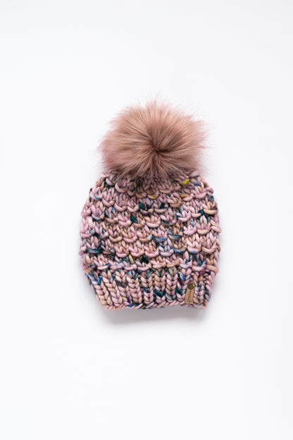 Pink Merino Wool Knit Hat with Faux Fur Pom Pom - Hand-Dyed Yarn