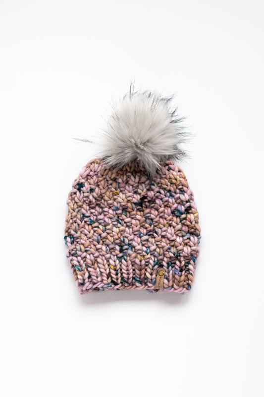 Pink Merino Wool Knit Hat with Faux Fur Pom Pom - Hand-Dyed Yarn