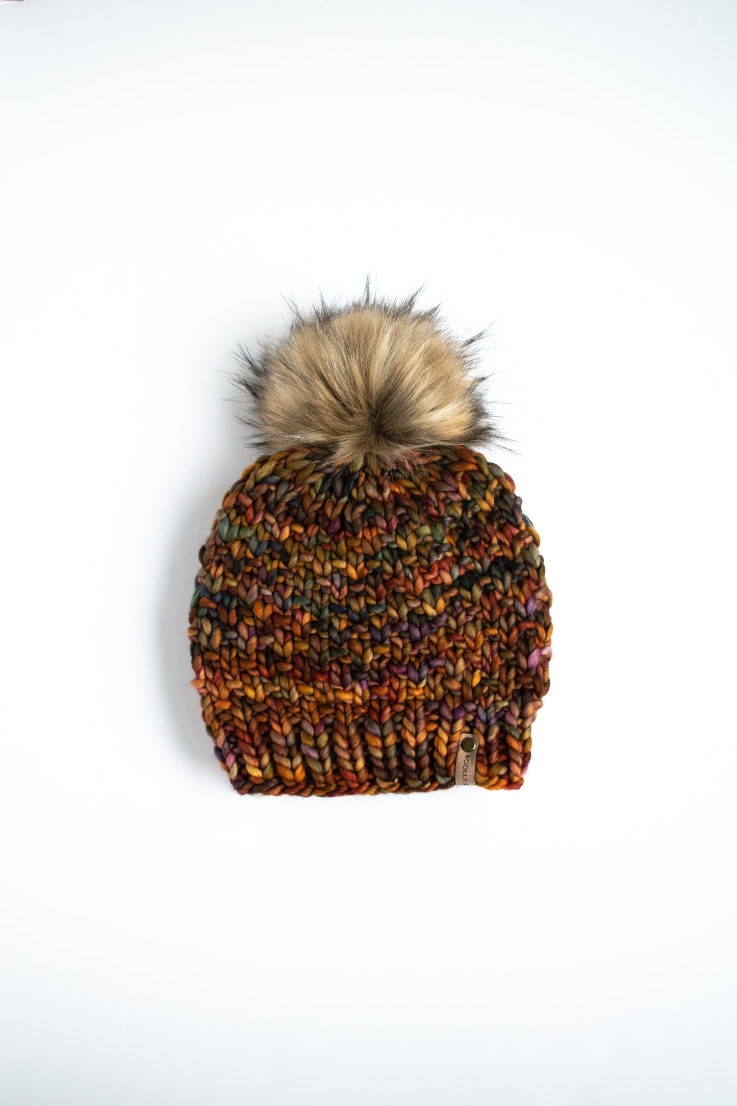 Brown Multi-Color Merino Wool Knit Hat with Faux Fur Pom Pom