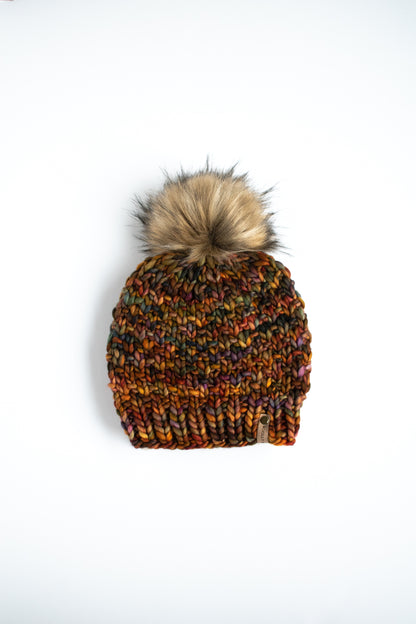 Brown Multi-Color Merino Wool Knit Hat with Faux Fur Pom Pom