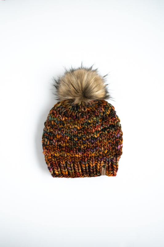 Brown Multi-Color Merino Wool Knit Hat with Faux Fur Pom Pom