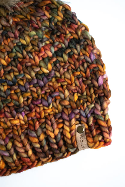 Brown Multi-Color Merino Wool Knit Hat with Faux Fur Pom Pom