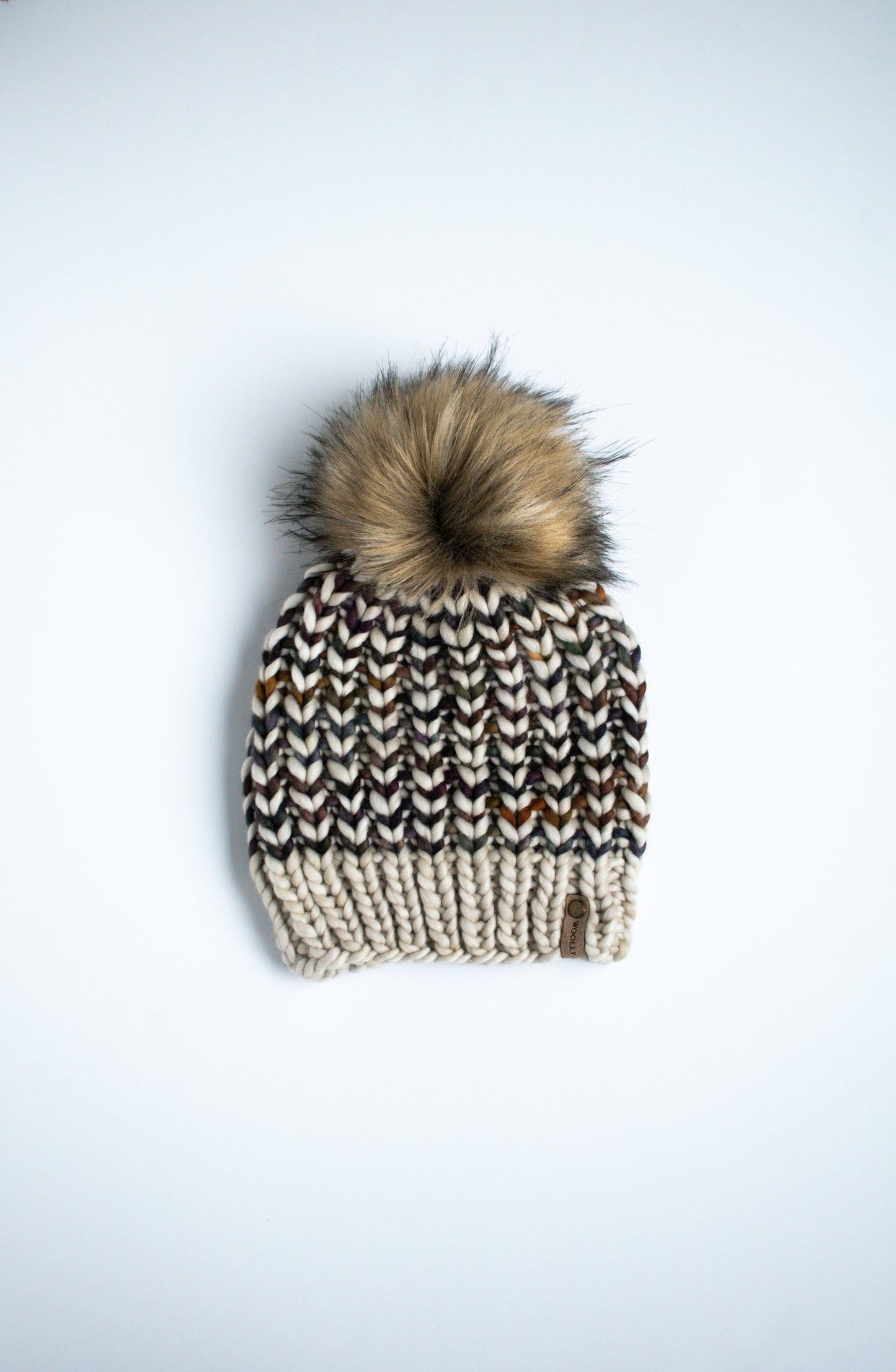 Beige and Brown Striped Merino Wool Knit Hat with Faux Fur Pom Pom