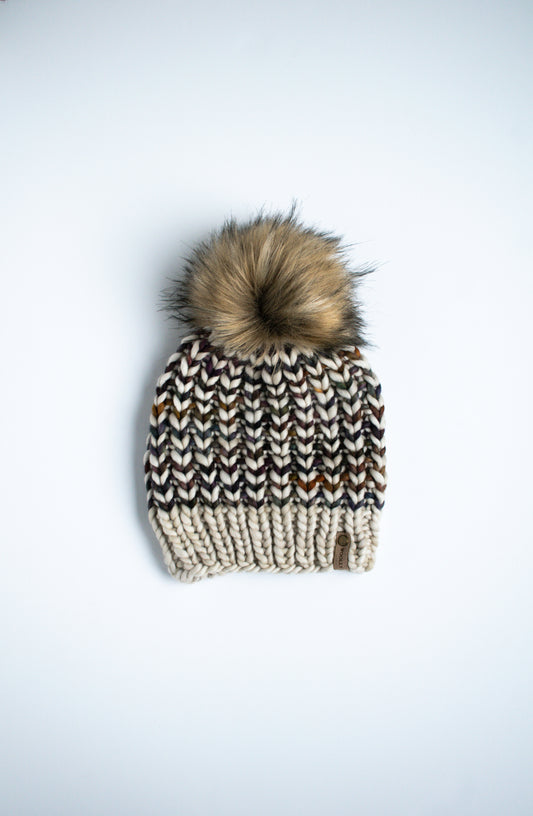 Beige and Brown Striped Merino Wool Knit Hat with Faux Fur Pom Pom