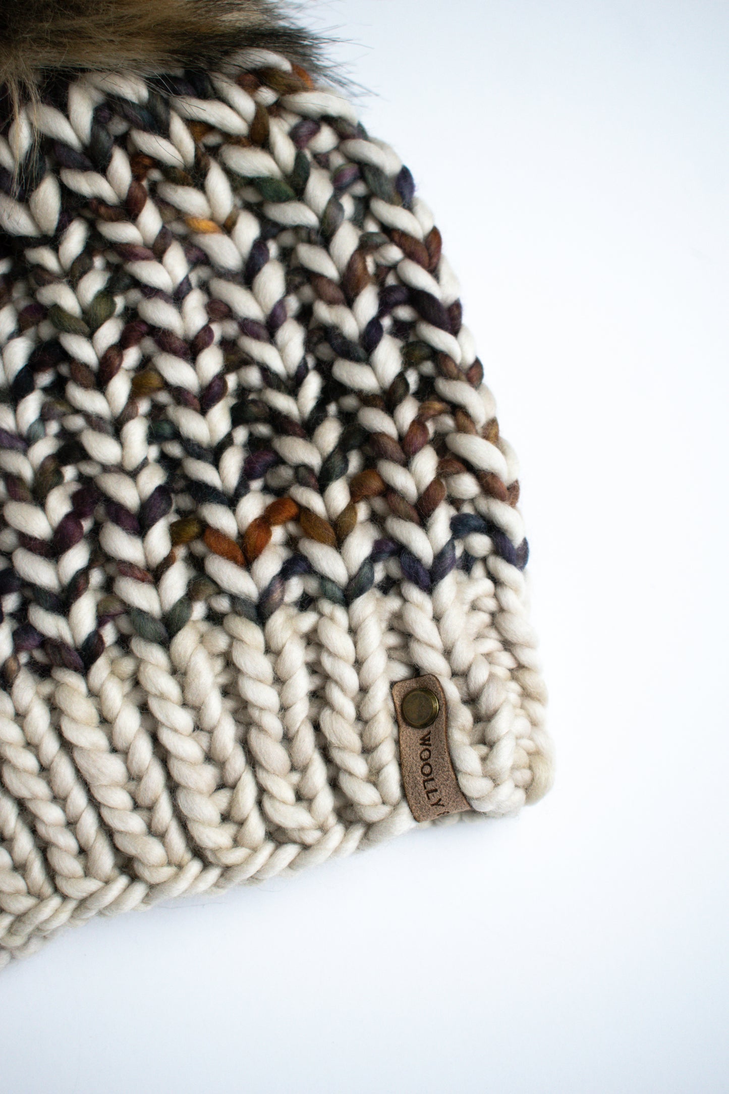Beige and Brown Striped Merino Wool Knit Hat with Faux Fur Pom Pom