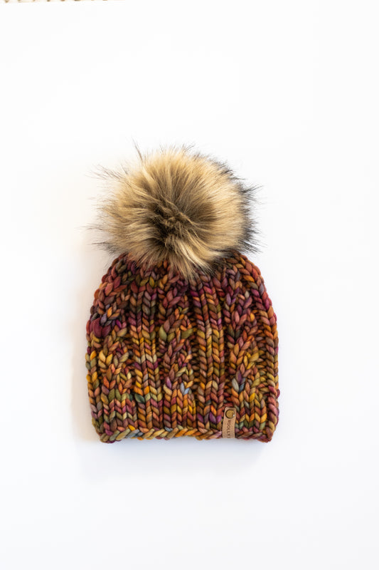 Brown Multi-Color Merino Wool Knit Hat with Faux Fur Pom Pom