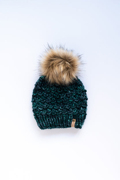 Forest Green Merino Wool Knit Hat with Faux Fur Pom Pom
