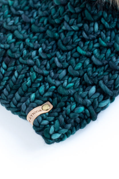 Forest Green Merino Wool Knit Hat with Faux Fur Pom Pom