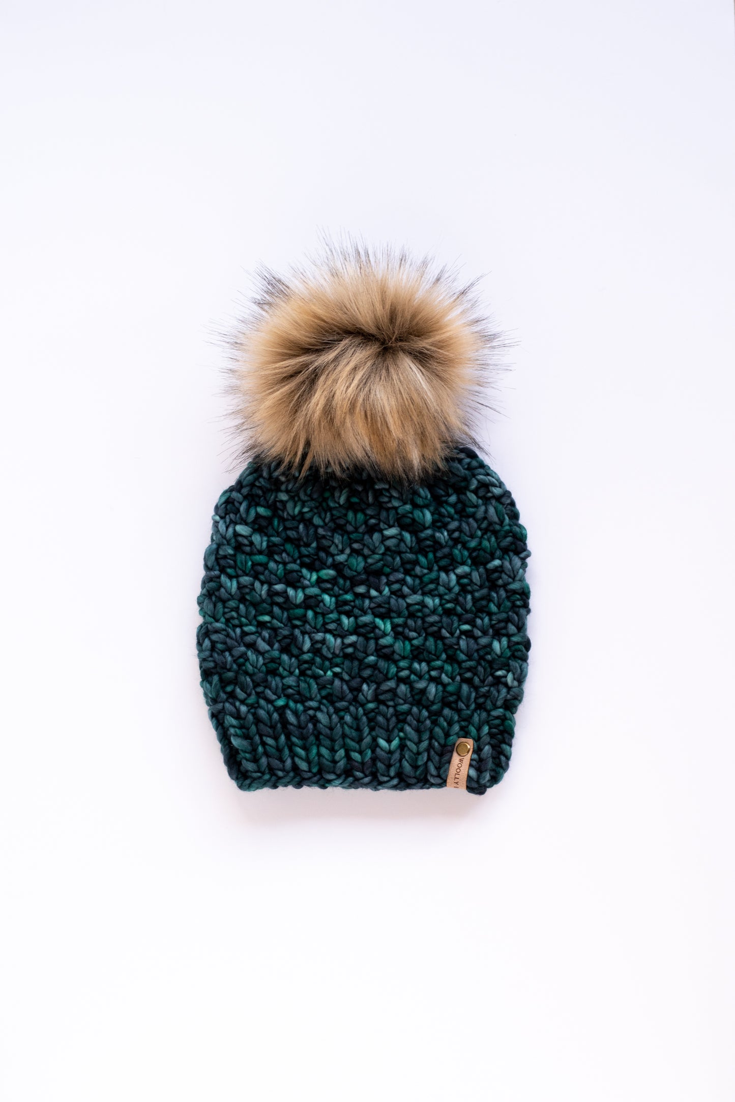 Forest Green Merino Wool Knit Hat with Faux Fur Pom Pom