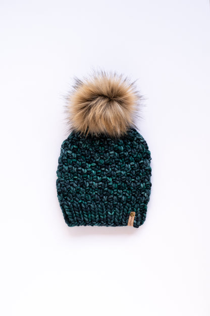 Forest Green Merino Wool Knit Hat with Faux Fur Pom Pom