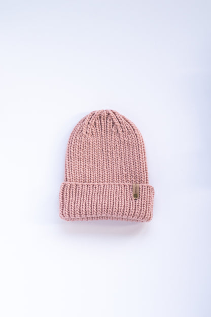 Pink Merino Wool Hand Knit Ribbed Beanie