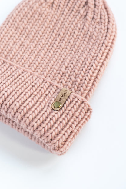 Pink Merino Wool Hand Knit Ribbed Beanie