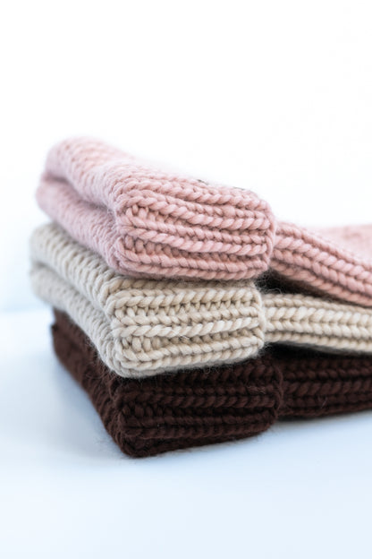 Beige Merino Wool Hand Knit Ribbed Beanie