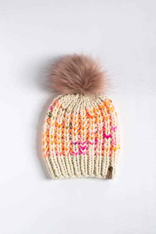 Ivory, Orange, Pink Striped Merino Wool Knit Hat with Faux Fur Pom Pom