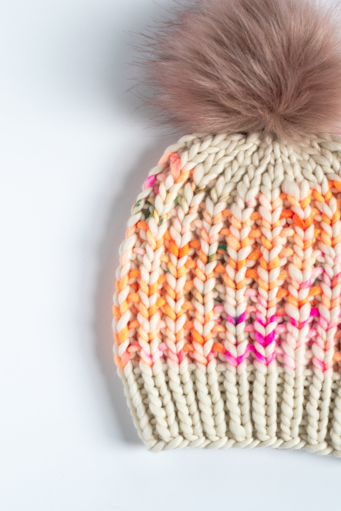 Ivory, Orange, Pink Striped Merino Wool Knit Hat with Faux Fur Pom Pom