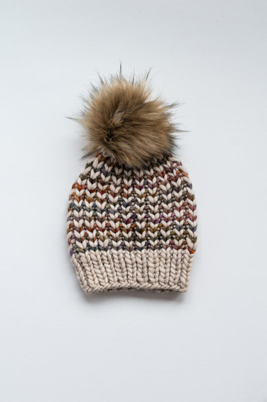 Beige and Brown Striped Merino Wool Knit Hat with Faux Fur Pom Pom