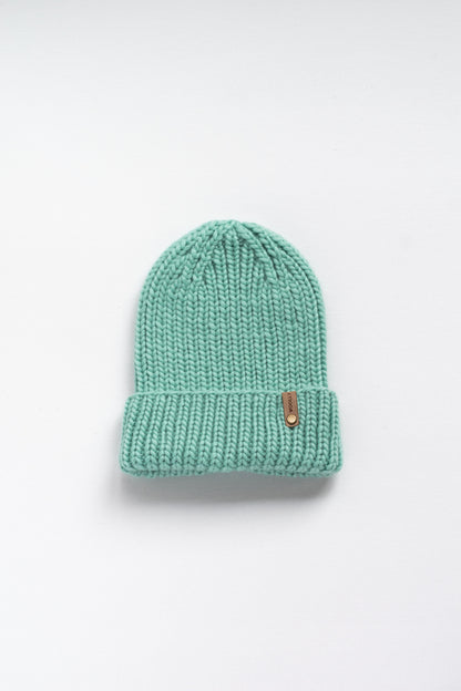 Seafoam Green Merino Wool Hand Knit Ribbed Beanie