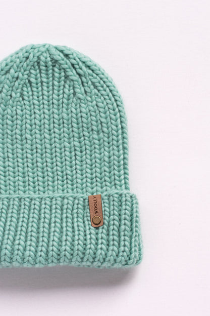 Seafoam Green Merino Wool Hand Knit Ribbed Beanie