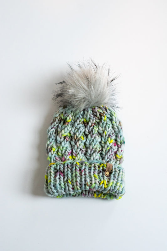 Seaglass Merino Wool Knit Hat with Faux Fur Pom Pom