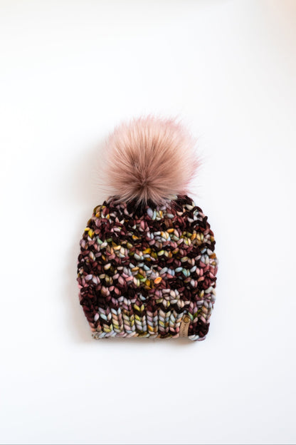 Cranberry Merino Wool Knit Hat with Faux Fur Pom Pom - Hand-Dyed Yarn
