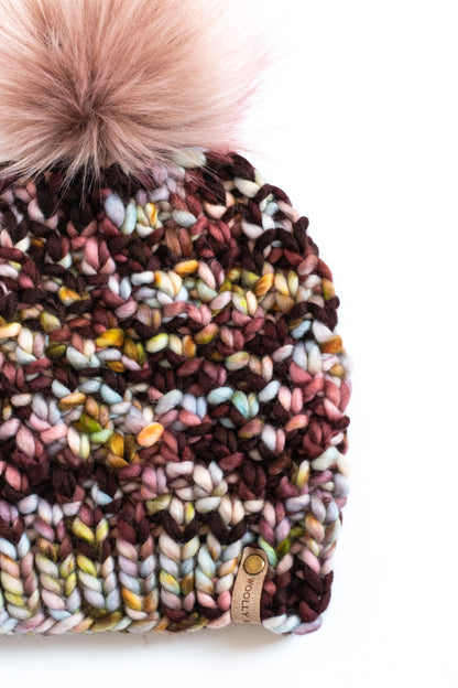 Cranberry Merino Wool Knit Hat with Faux Fur Pom Pom - Hand-Dyed Yarn